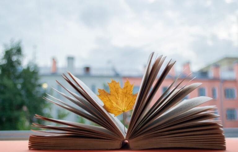 An open book with a golden autumn leaf placed between its pages near a window