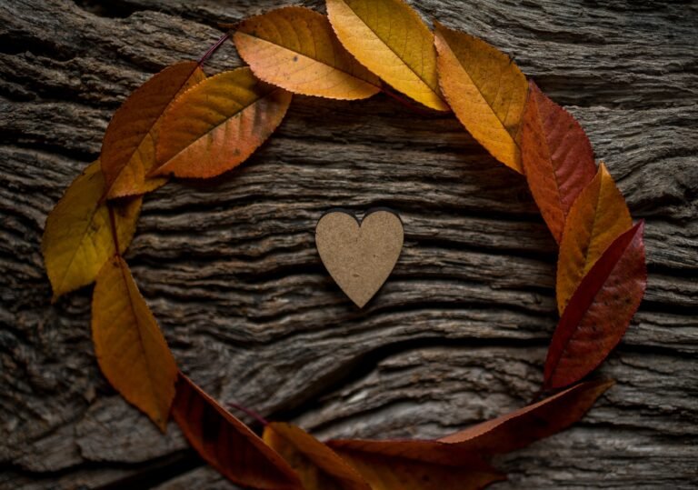 A heart shape surrounded by a circular frame of autumn leaves on a rustic wooden background