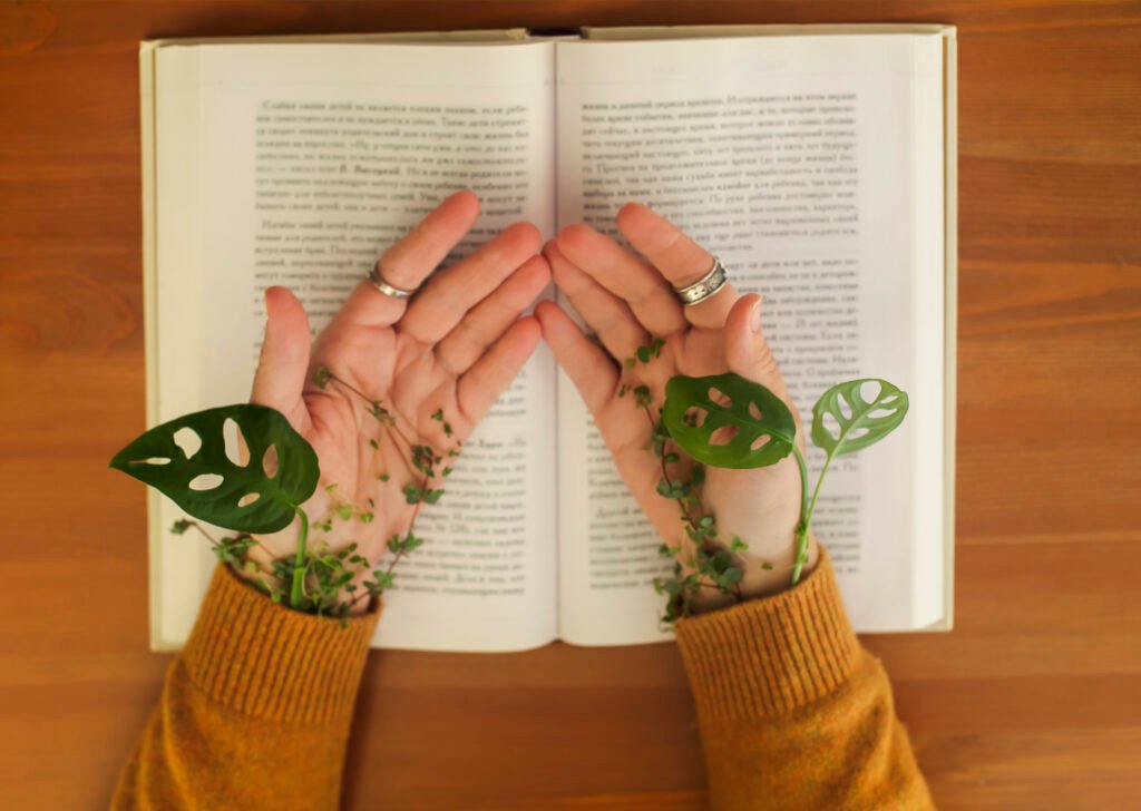 Hands gently holding green leaves above an open book, symbolizing growth, learning, and nature